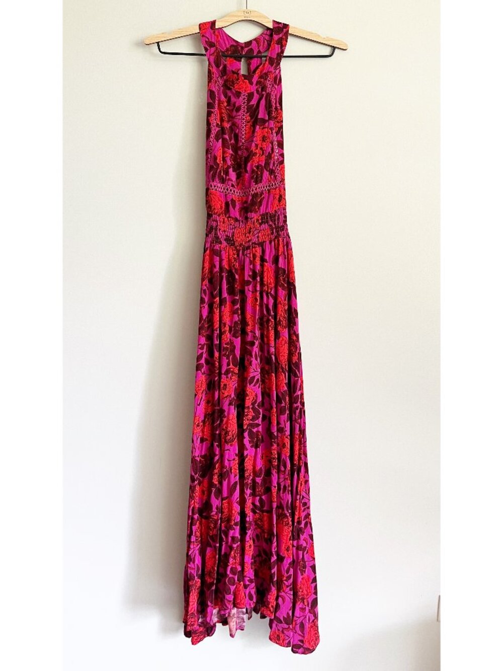 Abel the Label x Anthropologie Dress XS Floral Halter Maxi Red Pink Tie Back